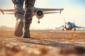 legs of soldier walking through battle field with fighter aircraft in background , AI Generated