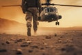 legs of soldier walking through battle field with chopper in background , AI Generated Royalty Free Stock Photo