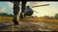 legs of soldier walking through battle field with chopper in background , AI Generated Royalty Free Stock Photo