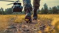 legs of soldier walking through battle field with chopper in background , AI Generated Royalty Free Stock Photo