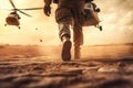 legs of soldier walking through battle field with chopper in background , AI Generated Royalty Free Stock Photo