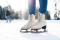 Legs of unrecognizable woman ice skating outdoors, close up.