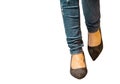 Legs wearing jeans and high heels,isolated on white background with clipping path Royalty Free Stock Photo