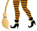 Legs of a witch in striped stockings and black boots with a broom on a white background.