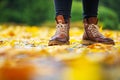 Legs of a woman in brown boots in autumn park Royalty Free Stock Photo
