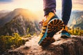 The legs of a woman traveler going in hiking sneakers shoes for cross-country travel Royalty Free Stock Photo