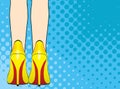 Legs of woman in yellow shoes on high heels pop art comic style