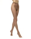 Legs of young caucasian woman in nylon tights on white background