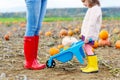 Legs of young woman and her little girl daugher in rainboots.