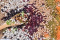 Legume abstract - top view of a variety of colorful bean, lentil and pea. Plant based food only