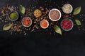 Legumes assortment, shot from the top on a black background with a place for text. Lentils, soybeans, chickpeas, red kidney beans Royalty Free Stock Photo