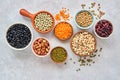 Legumes and beans assortment in different bowls on light stone background