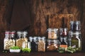 Legumes and beans. Dried, raw and fresh. Lentils, chickpeas, mung beans, soybeans, edamame, peas in glass jars. Healthy diet food Royalty Free Stock Photo