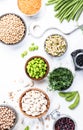 Legumes and beans set in jars. Dried, raw and fresh. Lentils, chickpeas, mung beans, soybeans, edamame, peas. Healthy diet food, Royalty Free Stock Photo