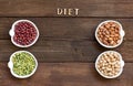 Legumes in bowls and the word Diet