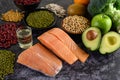 Legumes, broccoli, fruit, and salmon placed on a black cement floor