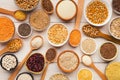 Cereals and legumes assortment on wooden table Royalty Free Stock Photo