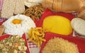 Legumes, cereals, pasta, rice, bread, egg, flour, biscuits, corn polenta Royalty Free Stock Photo