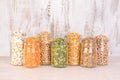 Legumes, lentils, chickpeas and beans assortment in jars Royalty Free Stock Photo