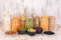 Legumes, lentils, chickpeas and beans assortment in jars Royalty Free Stock Photo