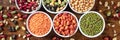 Legumes panorama. An assortment of various pulses, shot from above