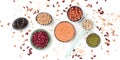 Legumes panorama, an overhead shot on a white background. Various pulses