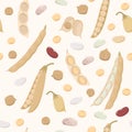 Legumes seamless pattern in flat design. Beans, chickpeas, peas, soybeans and pods isolated on light background, bean