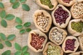 Legumes seed in bag with leaf of bean background Royalty Free Stock Photo