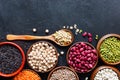 Legumes, seeds and cereals on a dark background. Healthy food. Top view