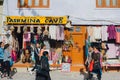 Front view of Tibetan shop clothes and souvenirs outside the tourist town of Leh, India.