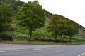 Mosel valley road with autumn trees and steep vineyards Royalty Free Stock Photo