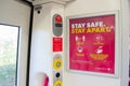 LEICESTER, ENGLAND- 3 April 2021: Coronavirus signage on a Crosscountry train amid the coronavirus pandemic Royalty Free Stock Photo