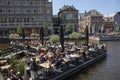 Restaurant terrace on boats at the crossing of the Oude and Nieuwe Rijn Royalty Free Stock Photo