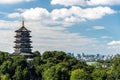 Leifeng Pagoda is a five stories tall tower with eight sides, located on Sunset Hill south of the West Lake in Hangzhou, China. Royalty Free Stock Photo