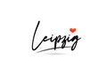 Leipzig city text with red love heart design. Typography handwritten design icon