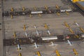 Leipzig, DHL cargo hub with main cargo apron, main buildings and hangar and many cargo airplanes parked on apron - aerial view Royalty Free Stock Photo