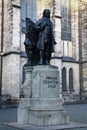 Leipzig, Germany - December 17, 2023: Monument to the famous German composer and organist Johann Sebastian Bach stands in front of
