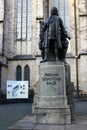 Leipzig, Germany - December 17, 2023: Monument to the famous German composer and organist Johann Sebastian Bach stands in front of