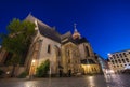 Leipzig, Germany - July 02, 2022: The city Center of the saxony metropolis at night. The Nikolai pillar at the Nikolai square.