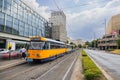Leipzig, Germany - June 25, 2022: Leipzig tram at the Augustusplatz stop. Old tram in the city colors blue and yellow stops at a