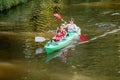 Family on kayaks and canoe acitvity tour at Elsterflutbett river in Leipzig. Leisure and healthy Royalty Free Stock Photo