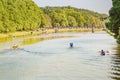 Family on kayaks and canoe acitvity tour at Elsterflutbett river in Leipzig. Leisure and healthy Royalty Free Stock Photo