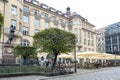 Restaurant at Naschmarkt Plaza in front of the memorial statue of Johann Wolfgang von Goethe in Leipzig, Germany