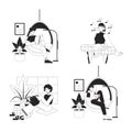 Leisure activities at home bw vector spot illustration set
