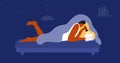 Leisure bedtime vector illustration with young woman lying in bed under blanket holding flashlight reading book Royalty Free Stock Photo