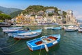 Leisure boats and traditional buildings in Cetara harbor, Amalfi coast, Italy Royalty Free Stock Photo
