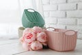 Leisure concept, home organizers colored baskets with handmade a