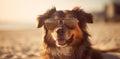 pet dog relax vacation beach chair summer funny lazy sunglasses. Generative AI. Royalty Free Stock Photo