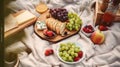 Leisure and eating concept - close up of food, drinks and picnic basket on blanket on grass at summer park. Generative AI