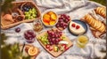 Leisure and eating concept - close up of food, drinks and picnic basket on blanket on grass at summer park. Generative AI Royalty Free Stock Photo